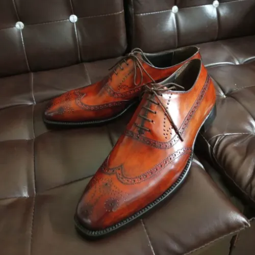 Timb Boots Tailor Made Bespoke Tan Calf Shine Leather Lace-up Wingtip Oxford Men's Shoes