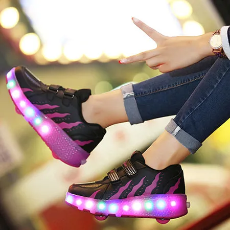 Narrow Feet Best Skate LED Double Roller Skate Shoes Women Men Colorful Flashing Automatic Glowing Pulley Roller Shoes Kids Luminous Sneakers