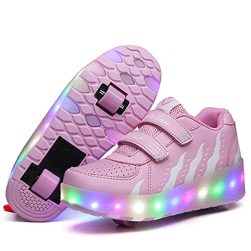 Beat Up Skate LED Double Roller Skate Shoes Women Men Colorful Flashing Automatic Glowing Pulley Roller Shoes Kids Luminous Sneakers