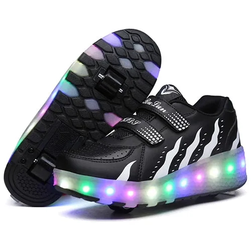 LED Double Roller Skate Shoes Women Men Colorful Flashing Automatic Glowing Pulley Roller Shoes Kids Luminous Sneakers Most Stylish Skate Shoes