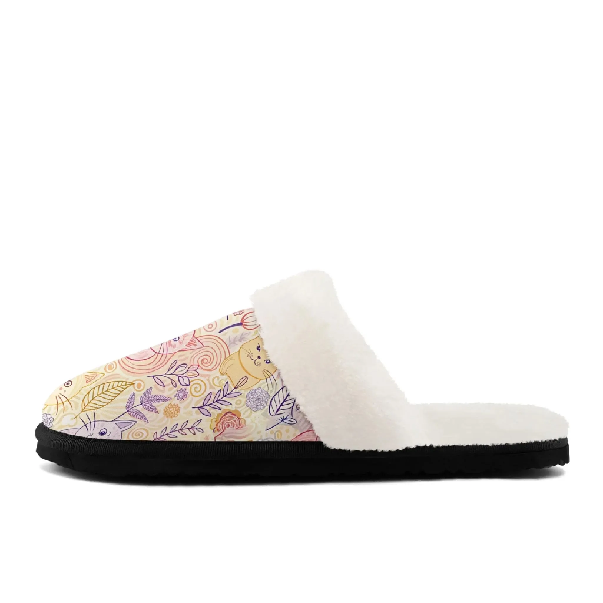 "Cat Mom" Floral Print Faux Fur Lined Slippers - Cozy Pet Lover Style FN089-25025163 Hamburger Slippers