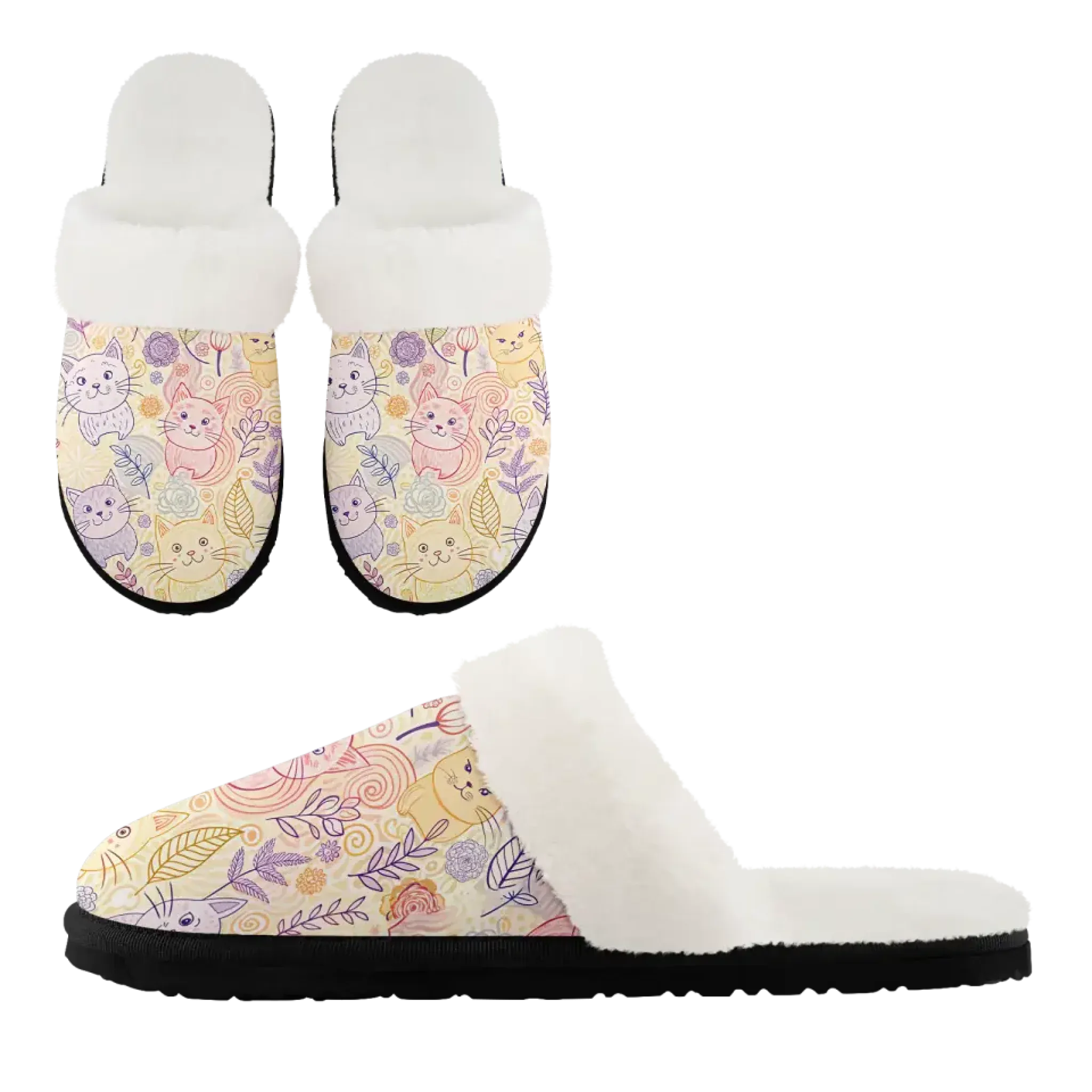 Wearing Slippers In Public "Cat Mom" Floral Print Faux Fur Lined Slippers - Cozy Pet Lover Style FN089-25025163