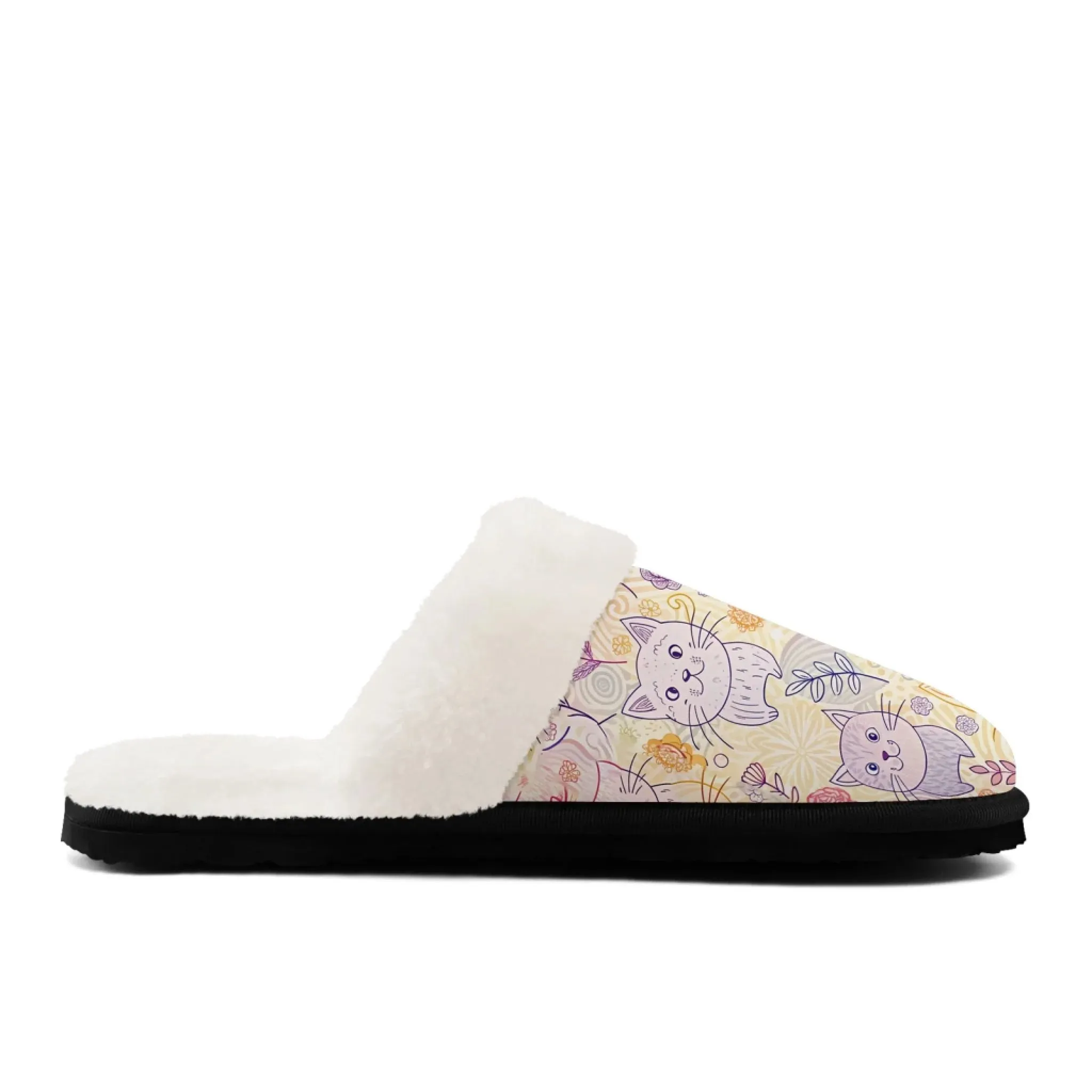 "Cat Mom" Floral Print Faux Fur Lined Slippers - Cozy Pet Lover Style FN089-25025163 Strap Slippers