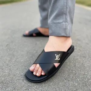 Double T Slides LS Pure Leather Handmade PadaPulse Chappal LS-146 BLK