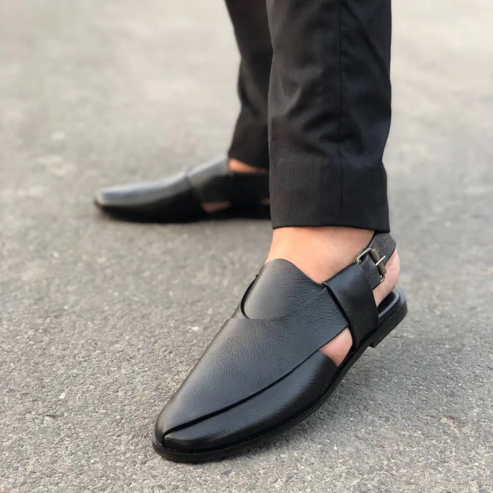 LS Pure Leather Handmade Peshawari Black Sandal-662 Lamo Footwear Slippers