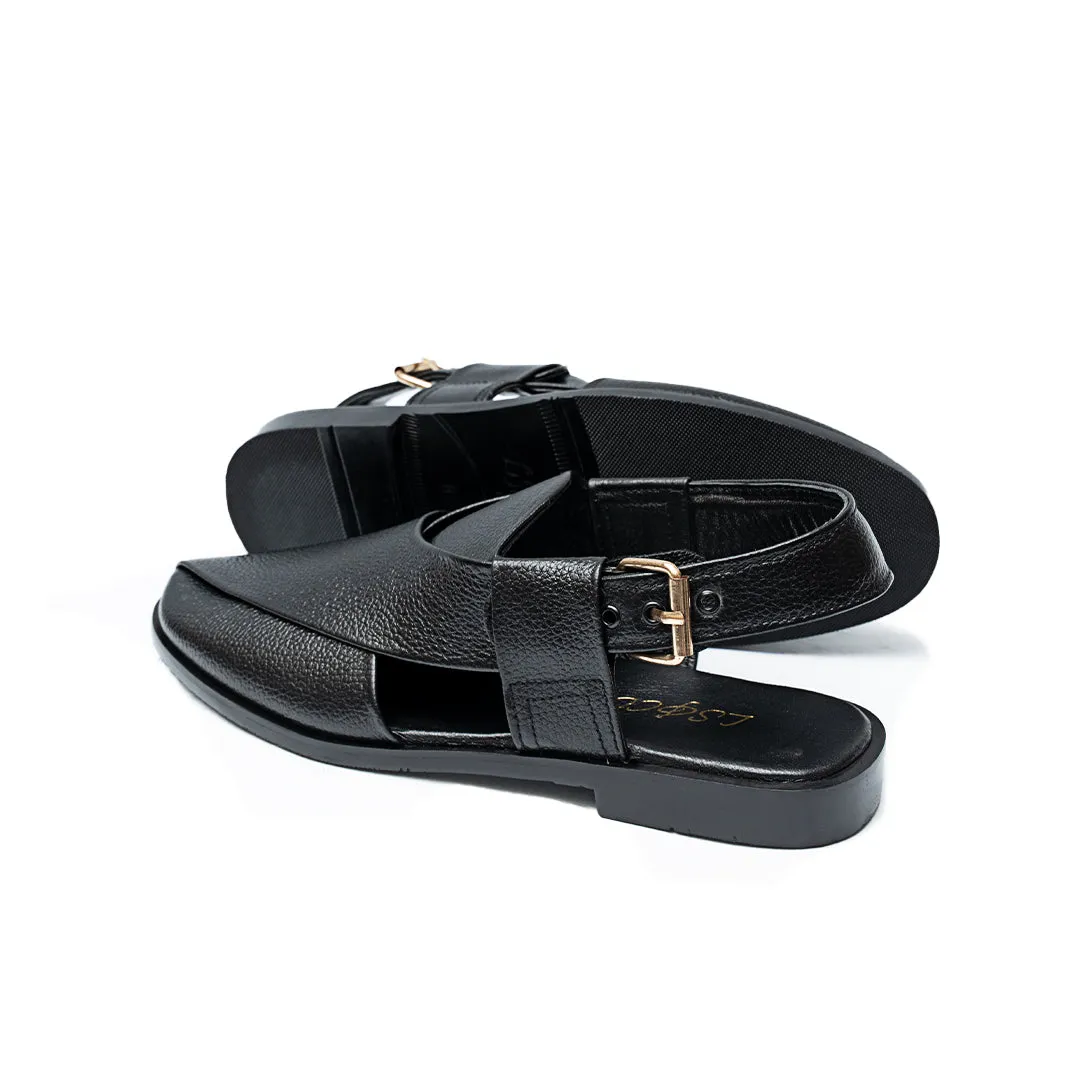 LS Pure Leather Handmade Peshawari Black Sandal-662 Feathered Slippers