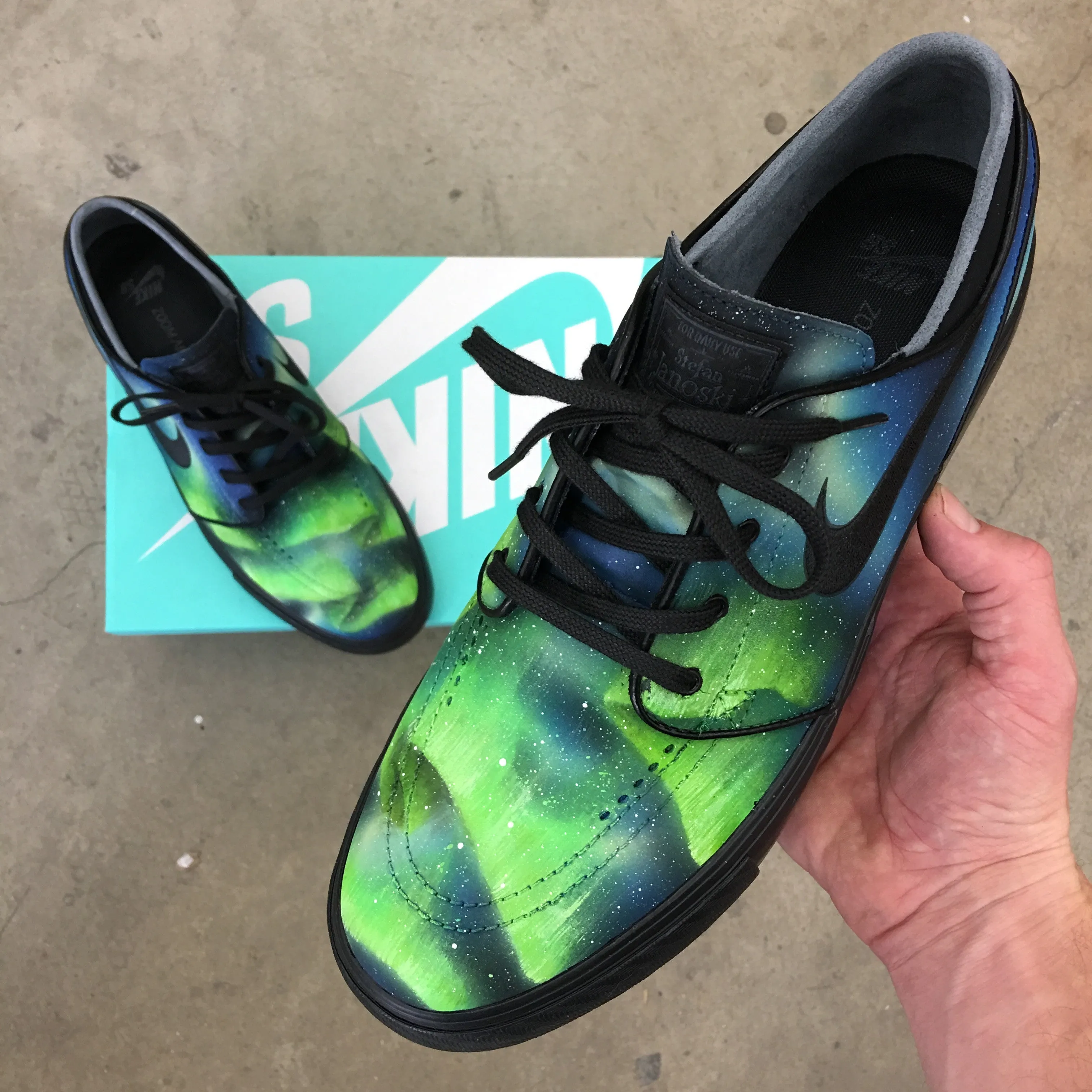 Custom Painted Nike SB Northern Lights Stefan Janoski Skate Shoes - Aurora Borealis Asics Dynamic Duomax Shoes