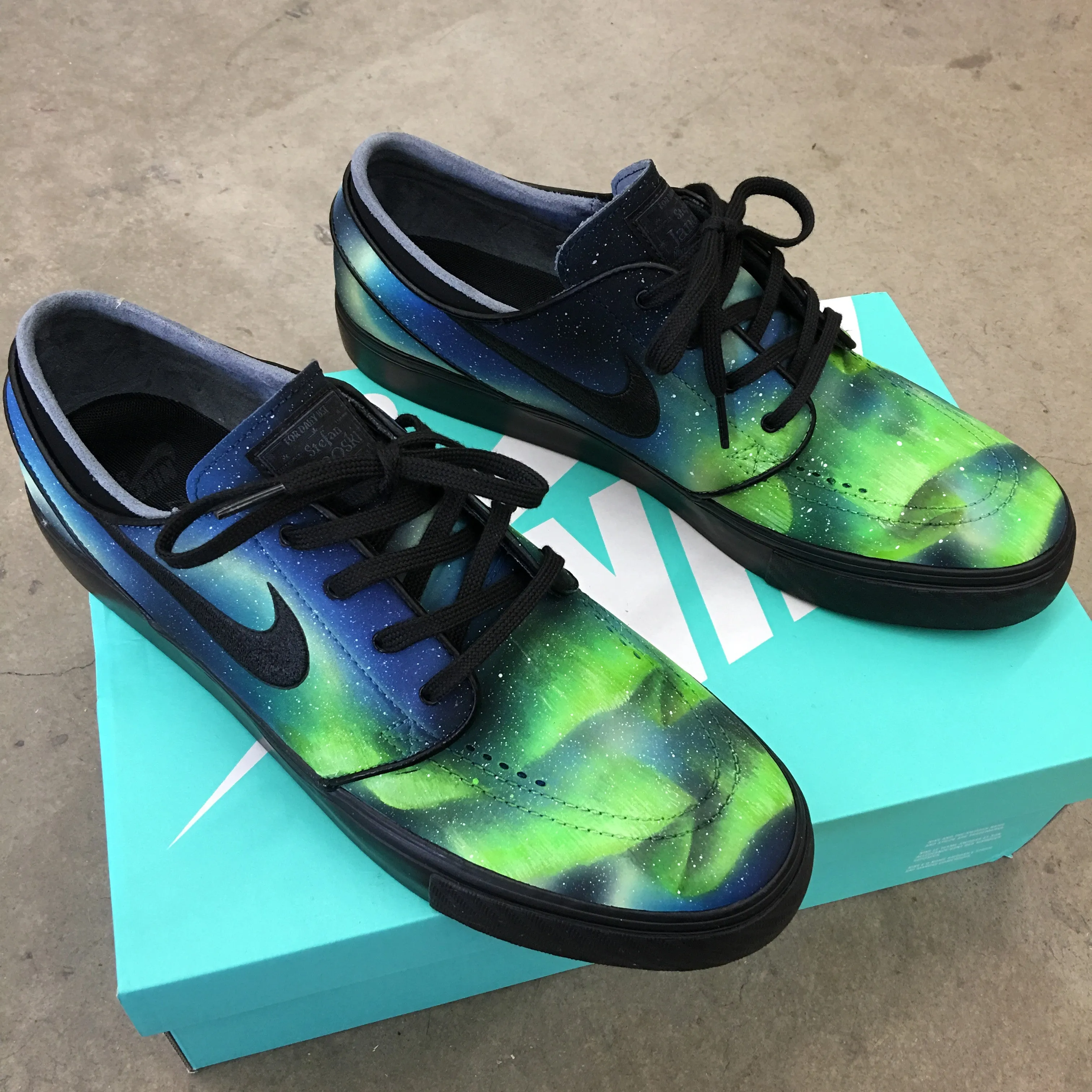 Custom Painted Nike SB Northern Lights Stefan Janoski Skate Shoes - Aurora Borealis Asics Pronation Control Running Shoes
