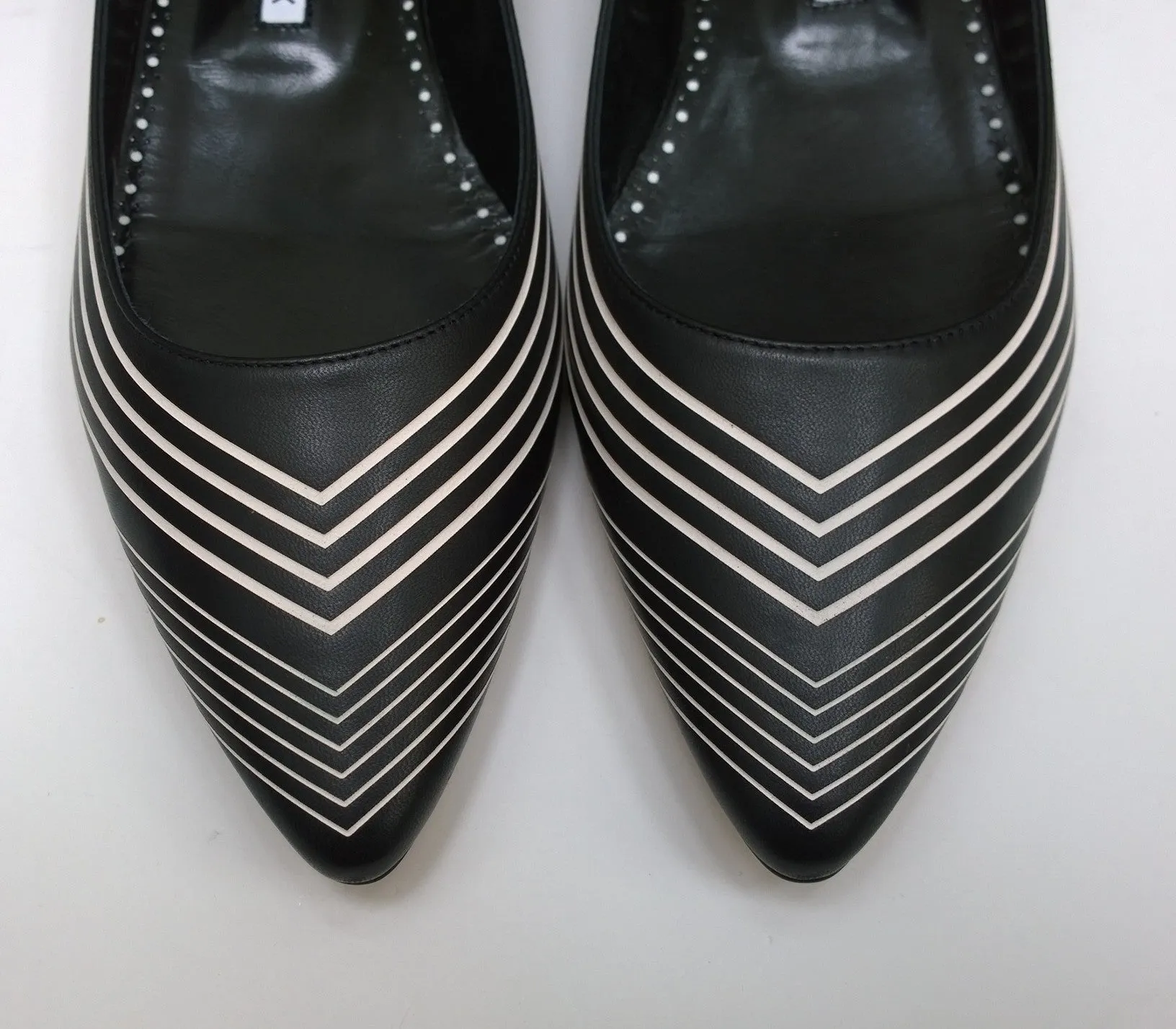 Manolo Blahnik Waldayaflat in Black Nappa Leather with White Gradation Stripes Shoes Flats Luxury Flat Shoes