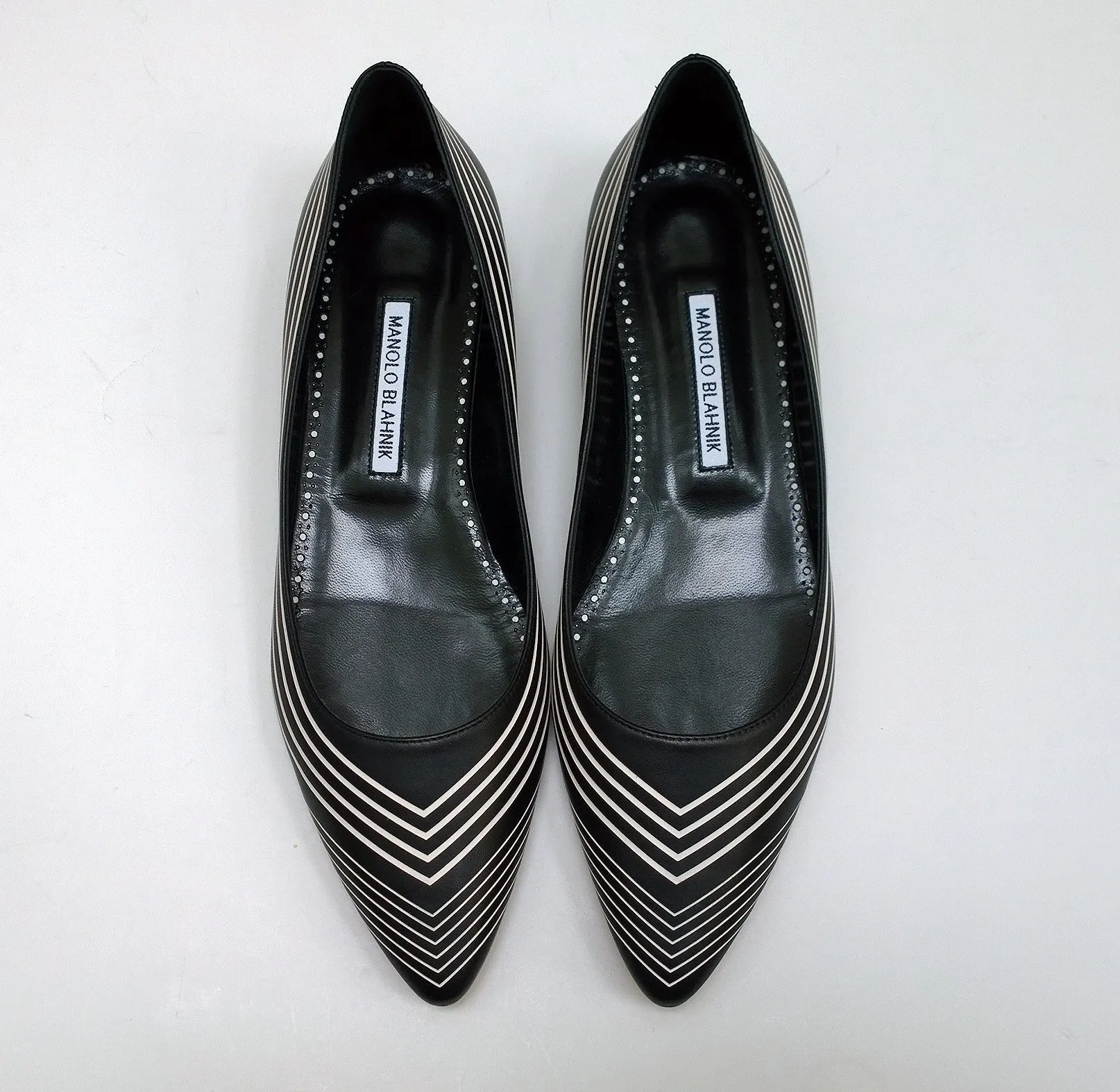 Manolo Blahnik Waldayaflat in Black Nappa Leather with White Gradation Stripes Shoes Flats Best Shoes For Feet Walking