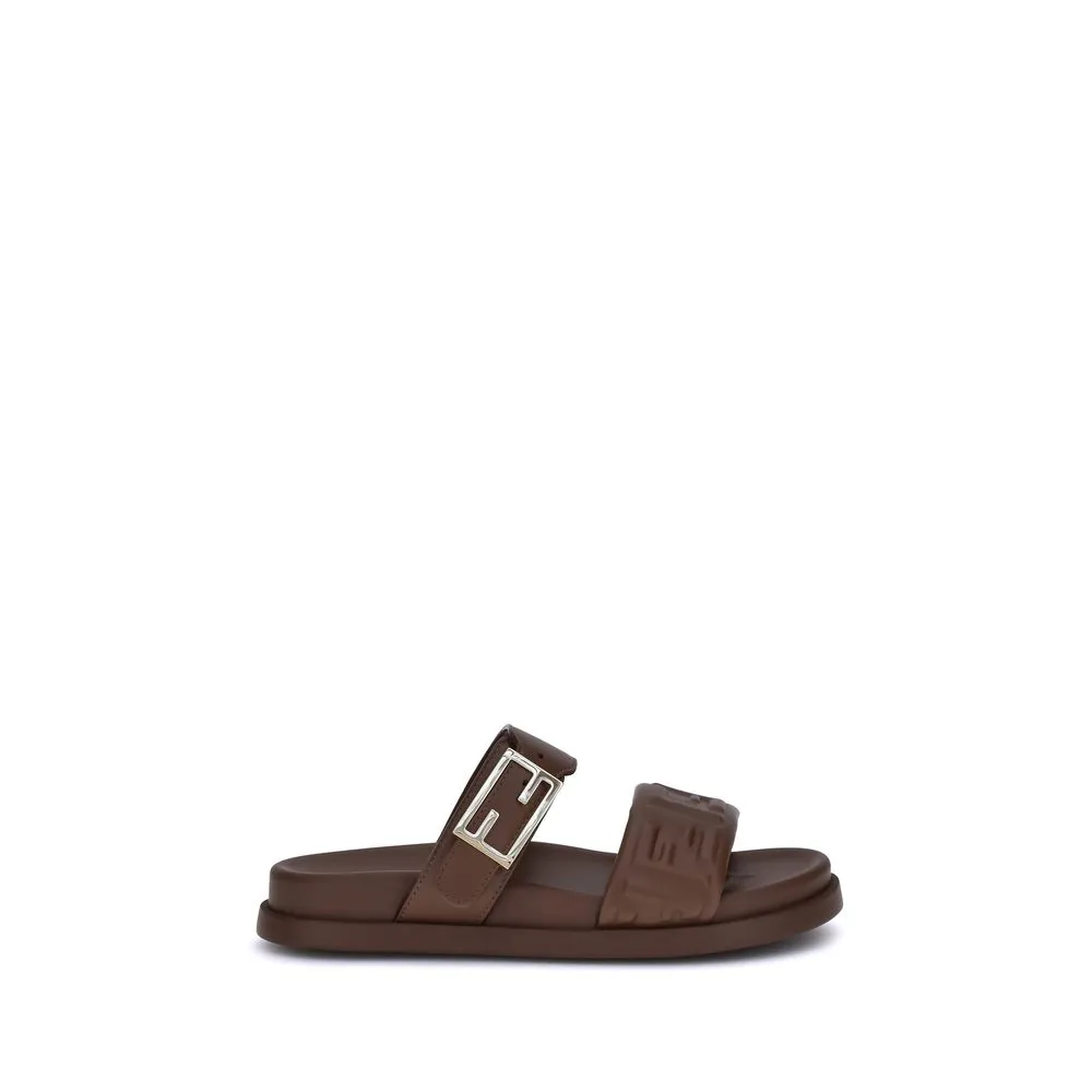 Fendi Brown Calf Leather Bos Taurus Flat Sandals Snake Flat Shoes