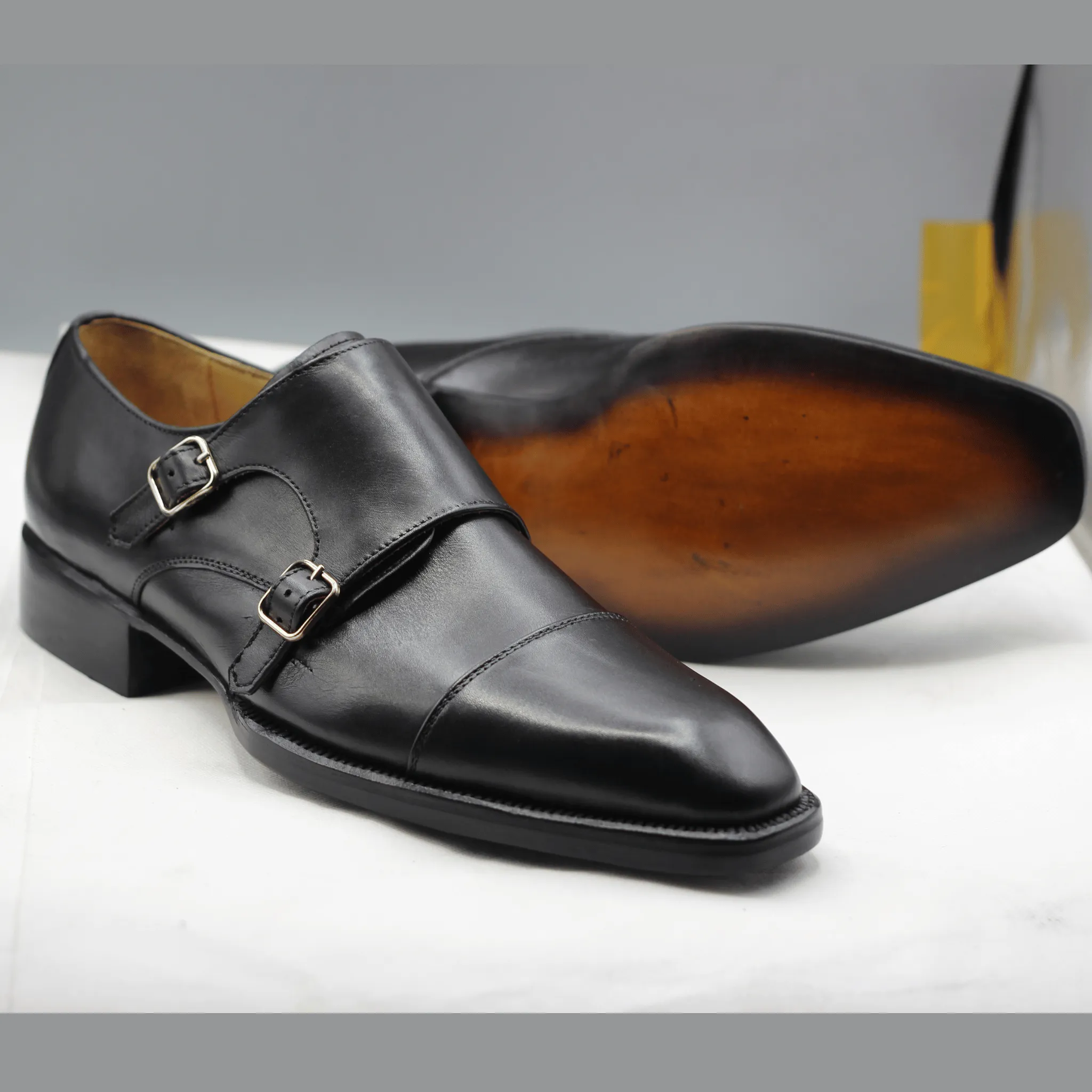 Men's Black Leather Monk Strap Shoes  Handmade Luxury Formal Footwear Elegant Handmade Leather Monk Strap Shoes  Stylish Dress Shoes for Men Leather Knee Boots