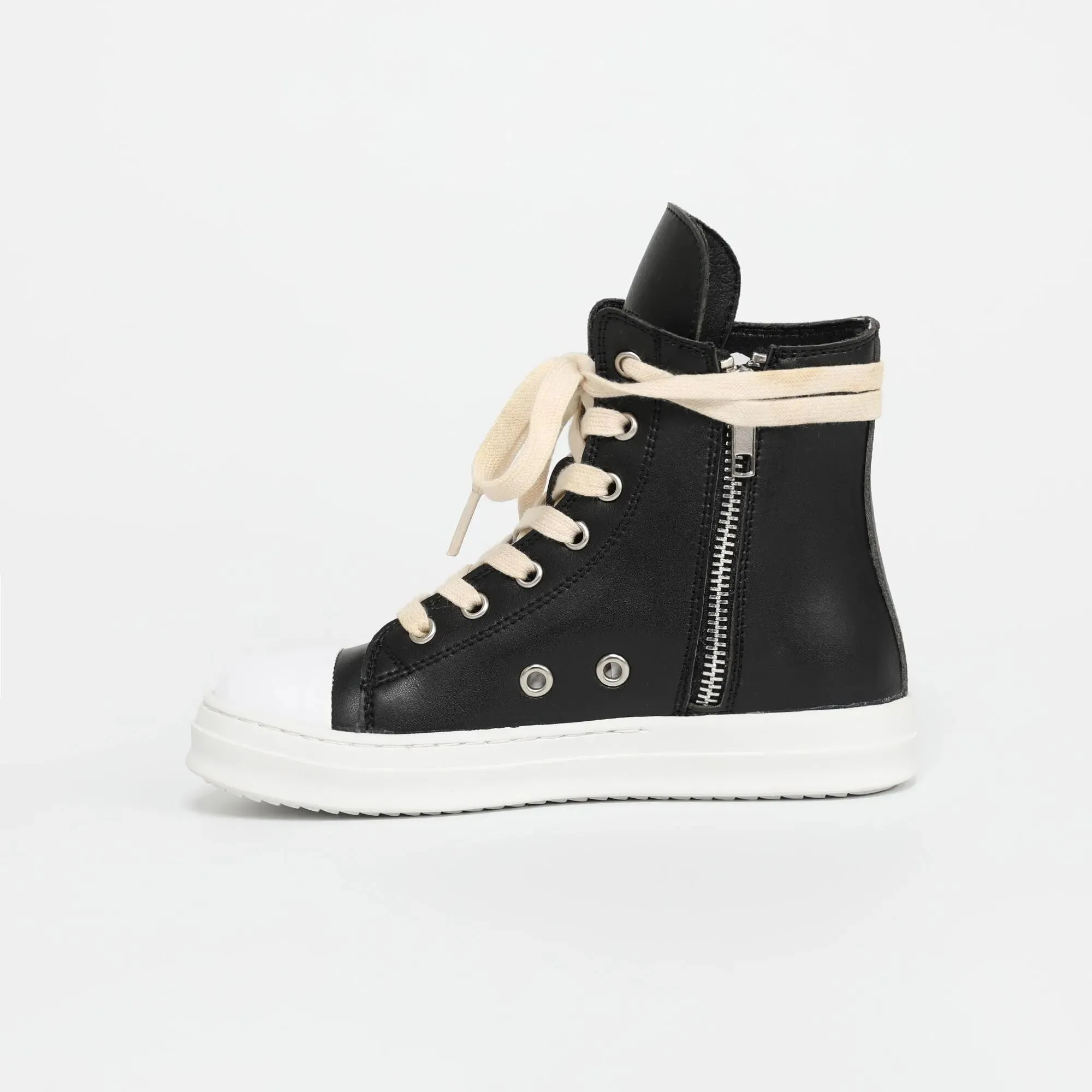 MOF Kids Leather Ankle High-Top sneakers - Zipper and Laces Casual Sneakers Top Walking Shoes