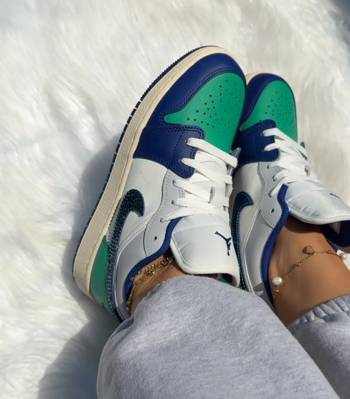 Fear Of God Adidas Basketball Shoes NEW Blue & Green Swarovski Womens Air Jordan 1 Low Shoes