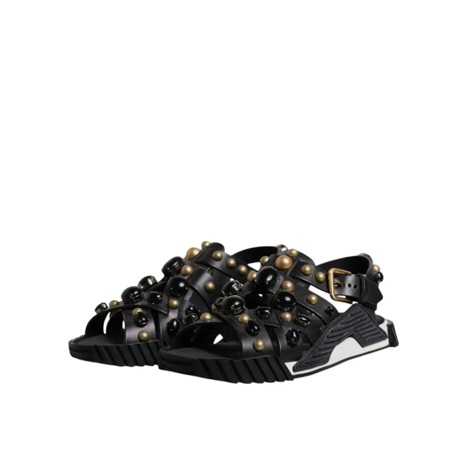 Flat Shoes With Peep Toe Dolce & Gabbana Black Leather Studded Slides Sandals Shoes