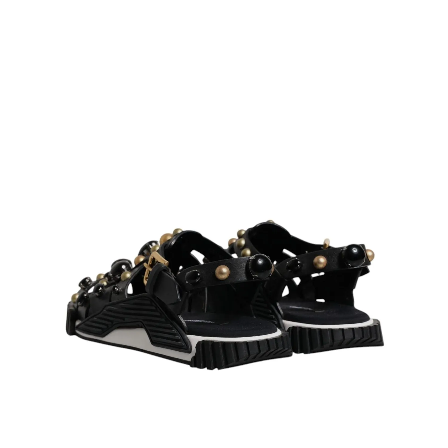 Dolce & Gabbana Black Leather Studded Slides Sandals Shoes Heart Shoes Flats