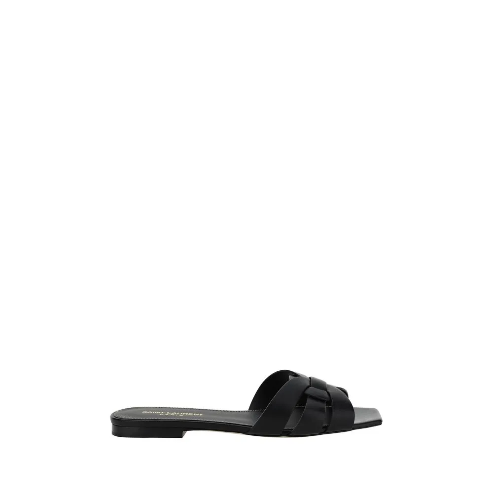 Saint Laurent Black Calf Leather Bos Taurus Sandals Wedge Flat Shoes