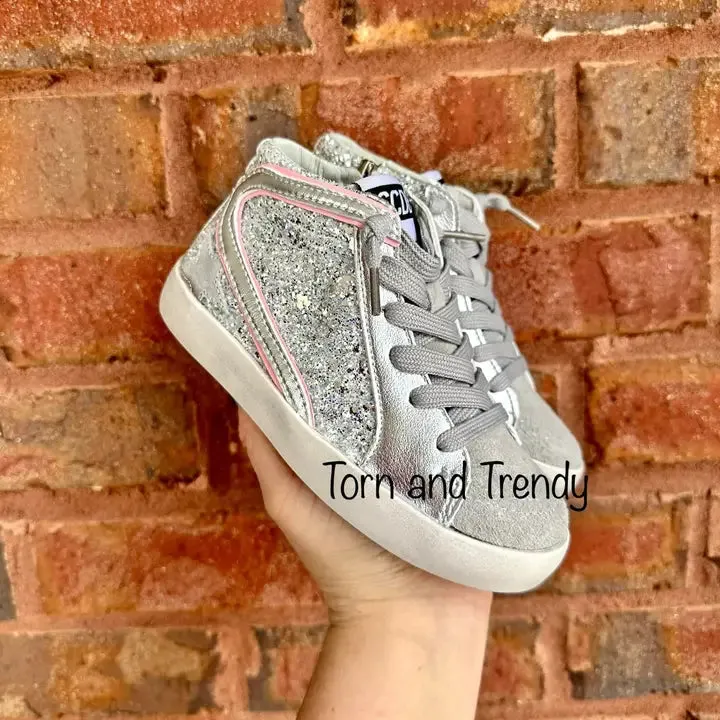 Silver glitter with pink trim high top Vin Baker Sneakers