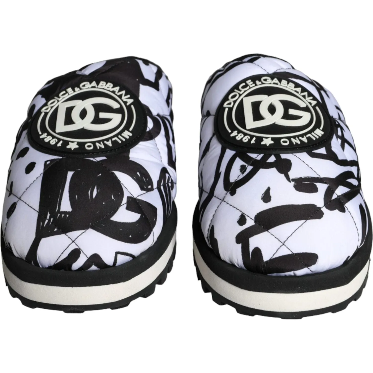 Dolce & Gabbana Black White Quilted Logo Sandals Slides Shoes Straw Sandals