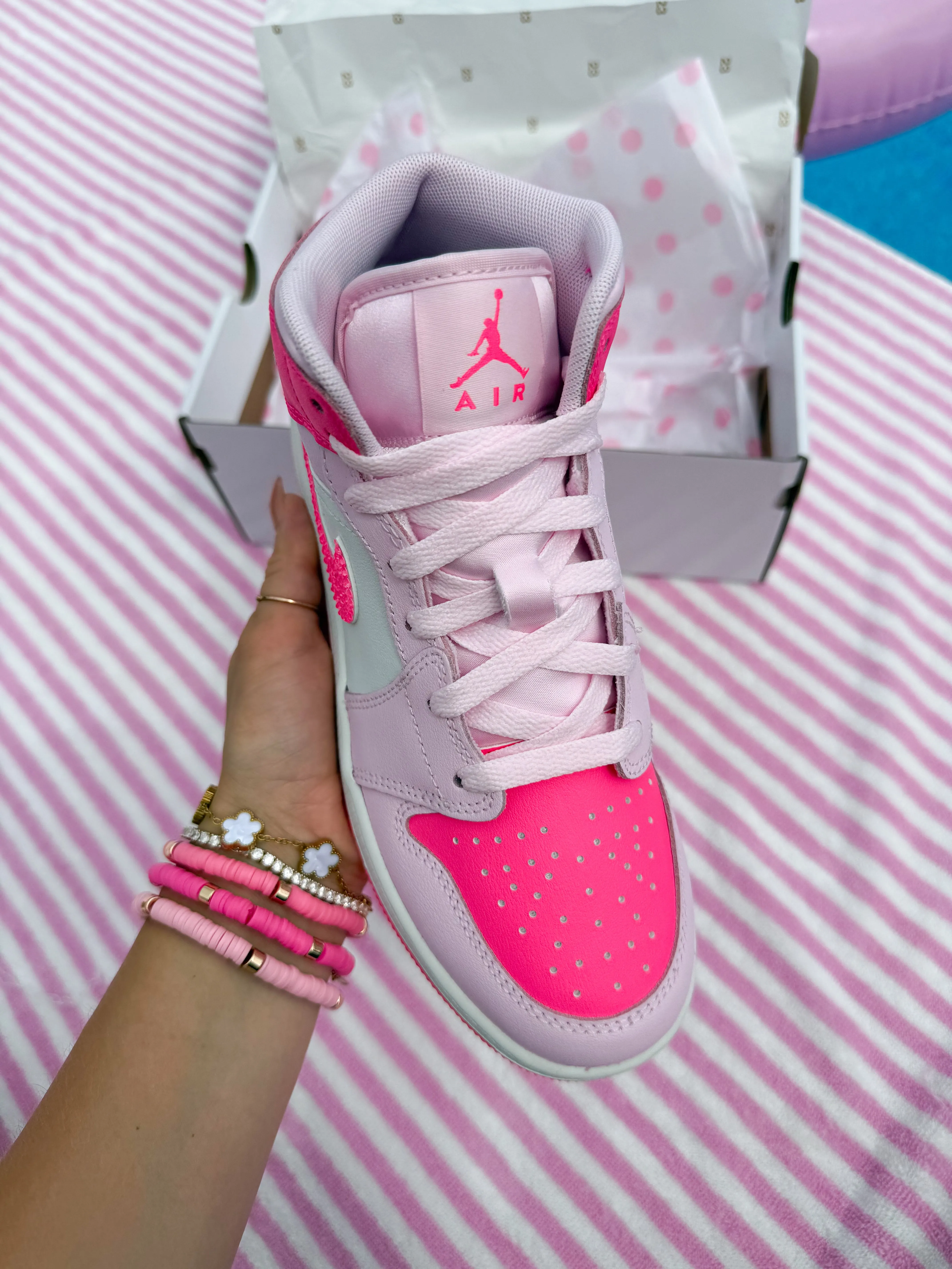 Bubblegum Barbie Pink Denim Swarovski Womens Air Jordan 1 Mid Shoes Shoe Adidas