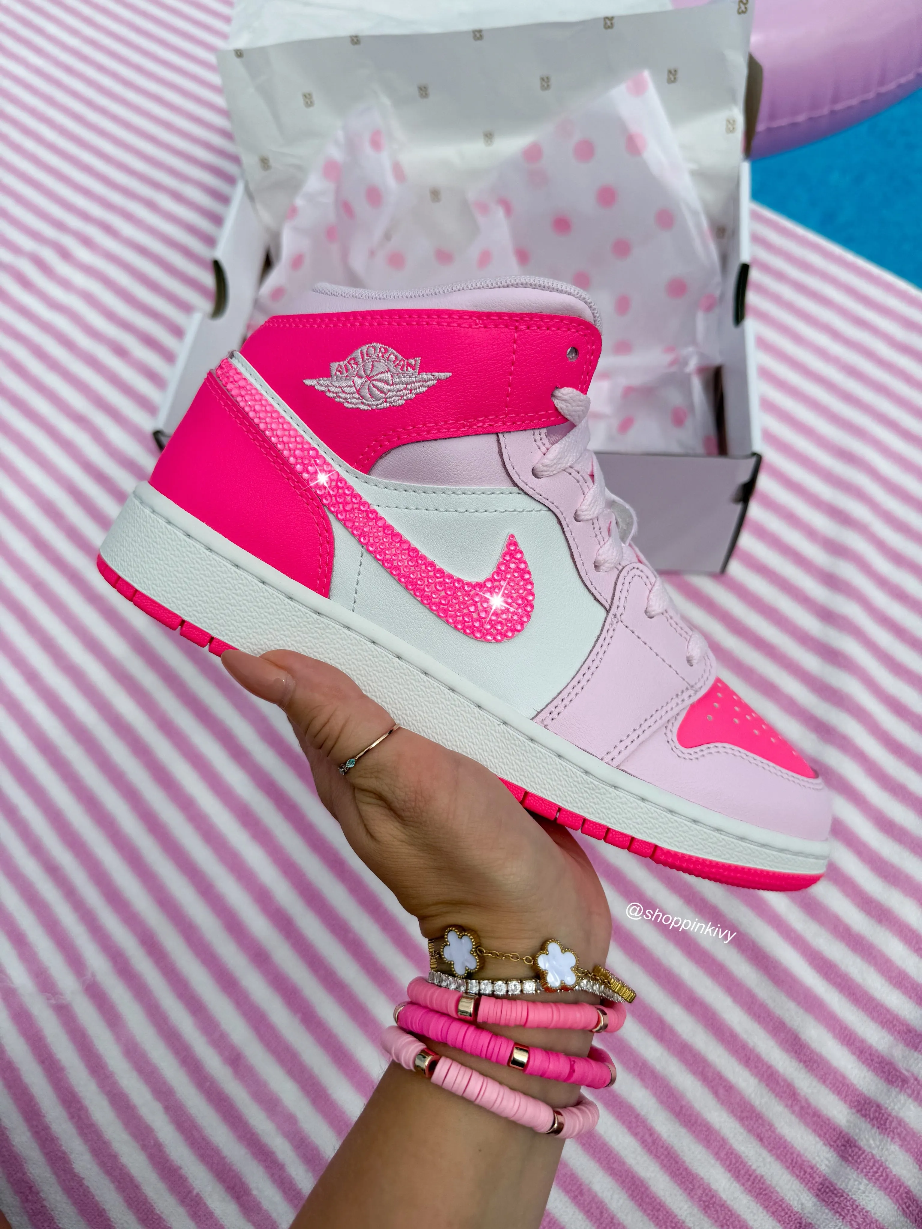 Bubblegum Barbie Pink Denim Swarovski Womens Air Jordan 1 Mid Shoes Adidas Shoes Ozelia