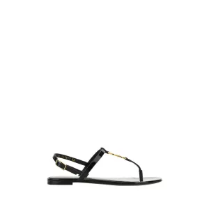 Saint Laurent Black Calf Leather Bos Taurus Sandals Horse Flats Shoes