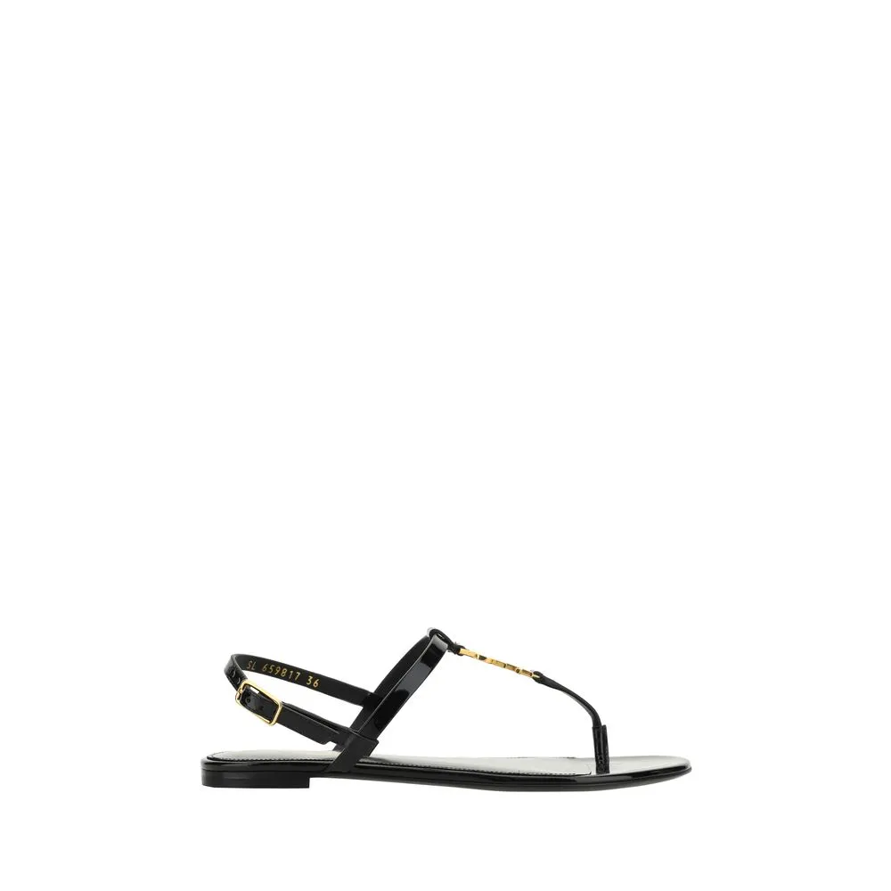 Saint Laurent Black Calf Leather Bos Taurus Sandals Pom Pom Flat Shoes