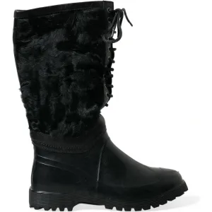 Dolce & Gabbana Black Rubber Lace Up Shearling Rain Boots Shoes Over The Knee Cowboy Boots