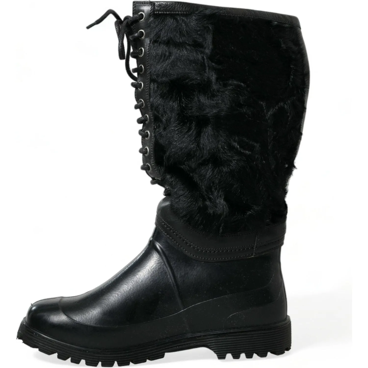 Dolce & Gabbana Black Rubber Lace Up Shearling Rain Boots Shoes Boots Best For Snow