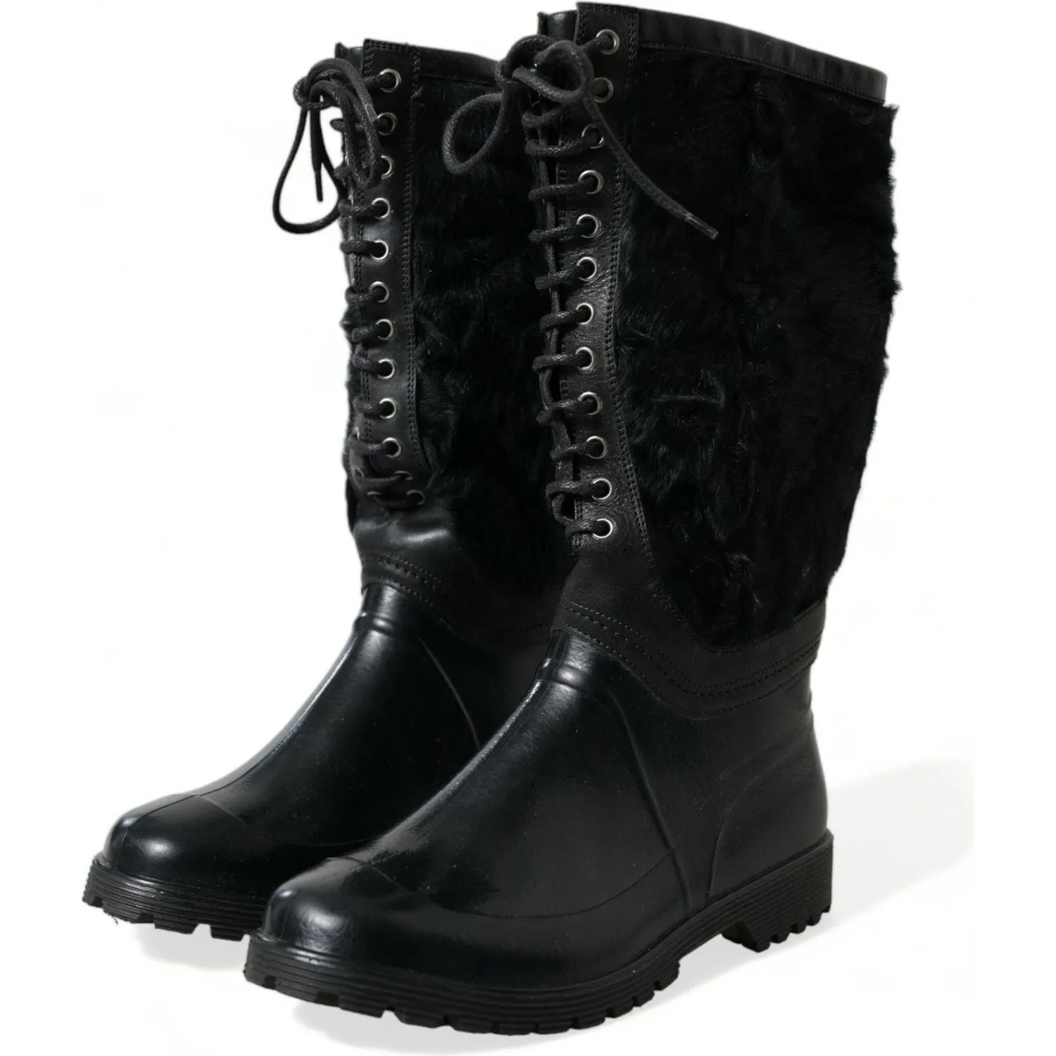 Boots For Miners Dolce & Gabbana Black Rubber Lace Up Shearling Rain Boots Shoes