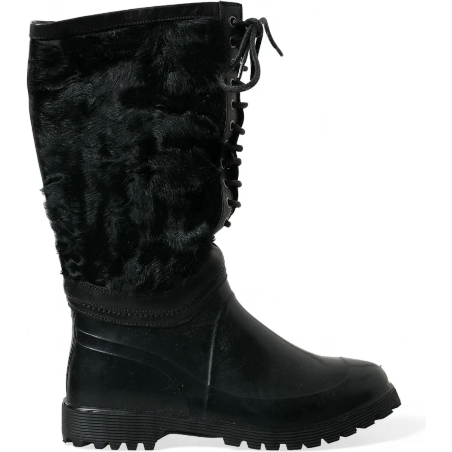 Dolce & Gabbana Black Rubber Lace Up Shearling Rain Boots Shoes Wide Leg Knee High Boots