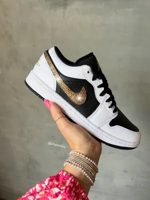 Black White Gold Swarovski Womens Air Jordan 1 Low Shoes Adidas Weight Lifting Shoes