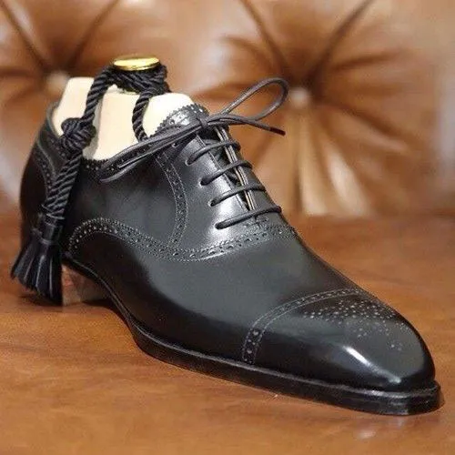 Tailor Made Handmade Bespoke Black Leather Toe Cap Lace Up Whole Cut Formal Dress Men's Oxford Shoes Ankle Booties Boots