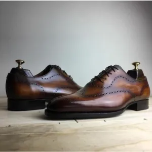Wake Board Boots Tailor Made Handmade Brown Shaded Leather Lace up Punching Wingtip Oxford Formal Dress Shoes