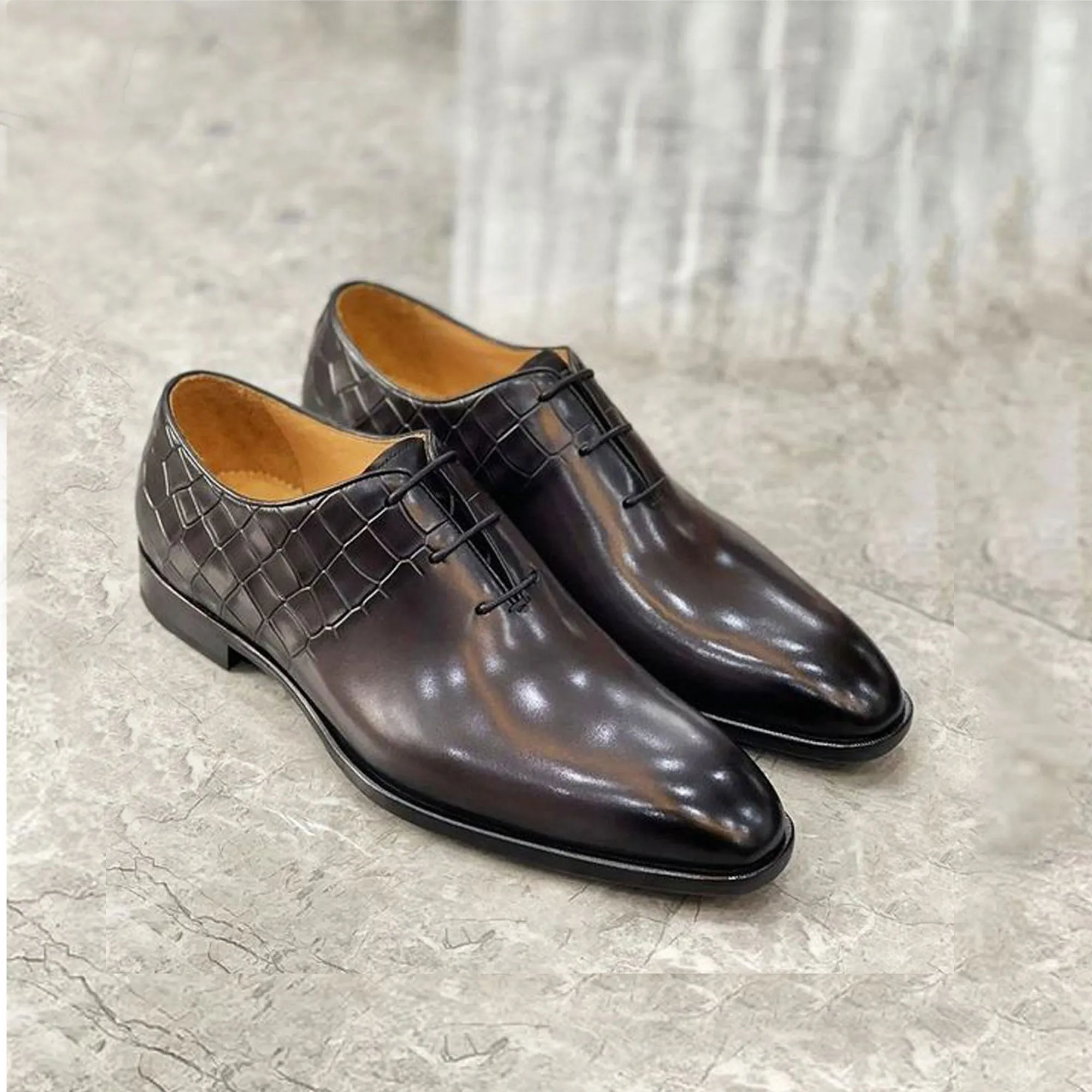 Sangeti Boots Tailor Made Handmade Two Toned Alligator Printed Leather Whole cut Oxford Shoes