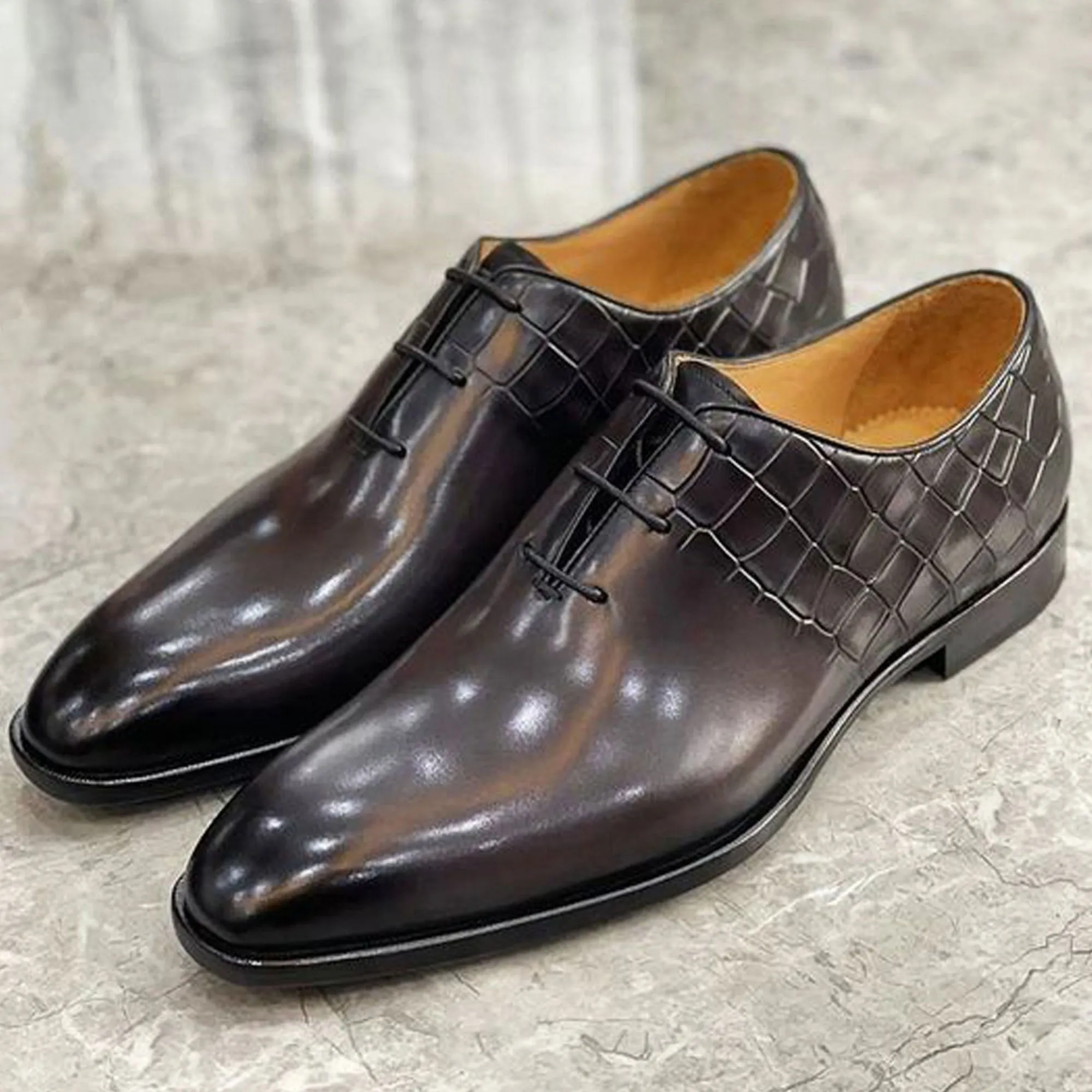 Tailor Made Handmade Two Toned Alligator Printed Leather Whole cut Oxford Shoes Mid Shin Boots