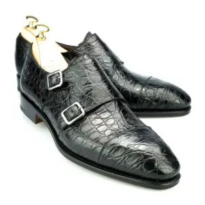 Tailor Made Handmade Black Crocodile Texture Leather Double Buckle Monk Strap Shoes Riding Boots Motorcycle