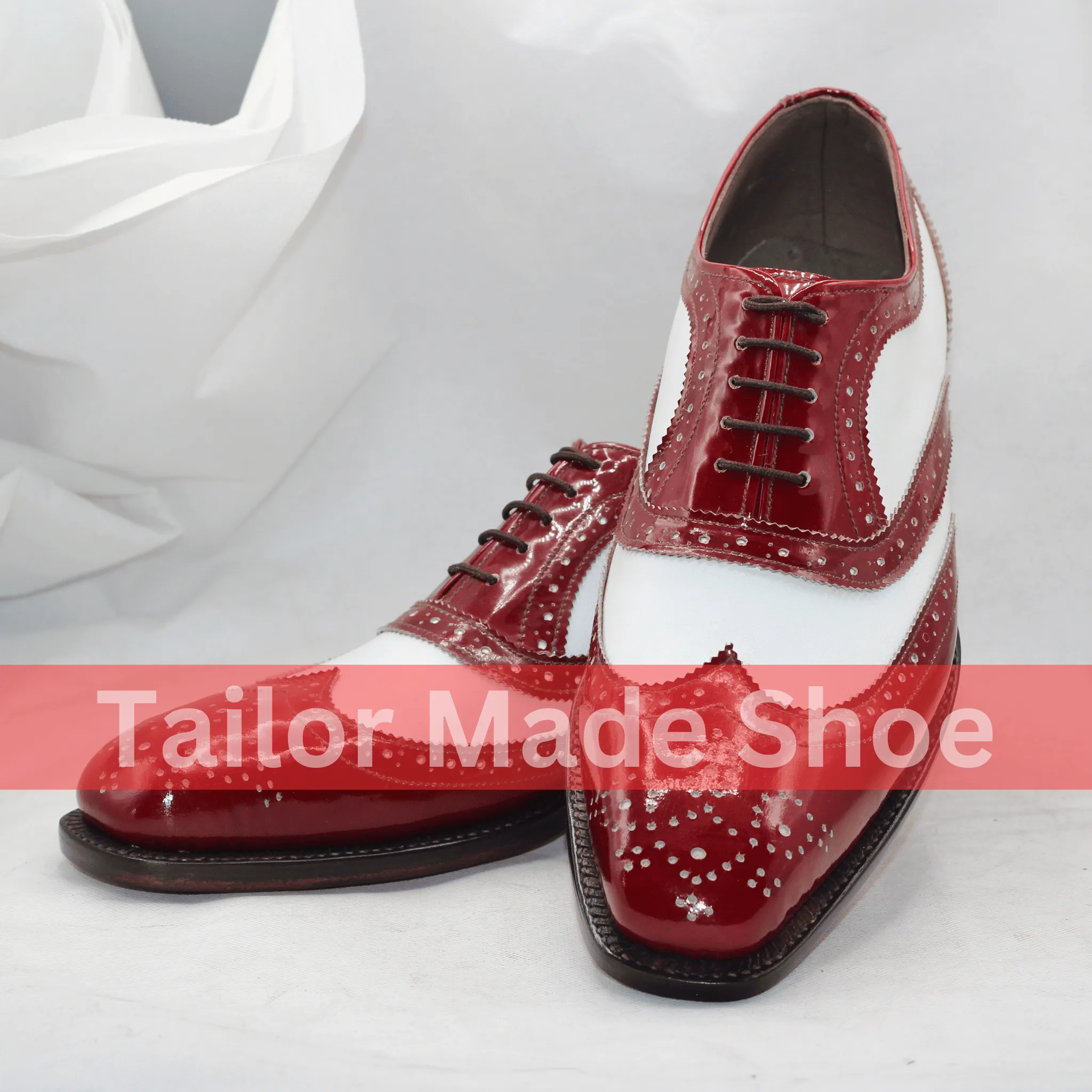 Free People Cowboy Boots Two-Tone Red and White Wingtip Oxford Shoes  Handcrafted Elegance Luxury Mens Brogue Shoes in Patent Leather