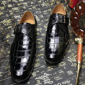 Narrow Calf Knee High Boots Tailor Made Handmade Crocodile Print Black Leather Monk Strap Men's Shoes