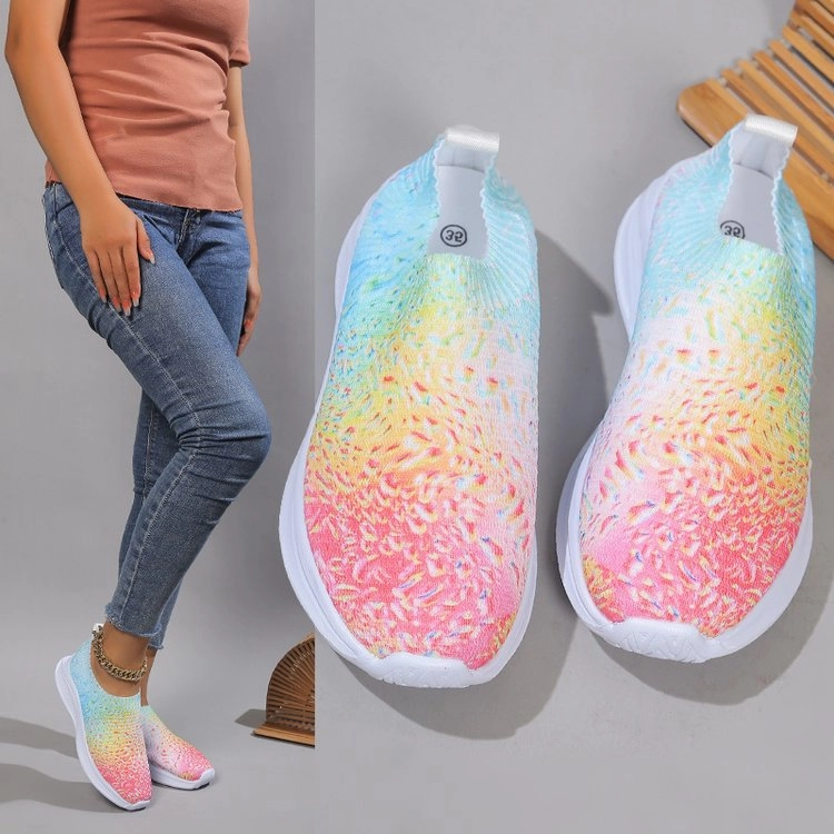 Tiosebon Women Rainbow Knit Walking Shoes Smart Casual Boat Shoes
