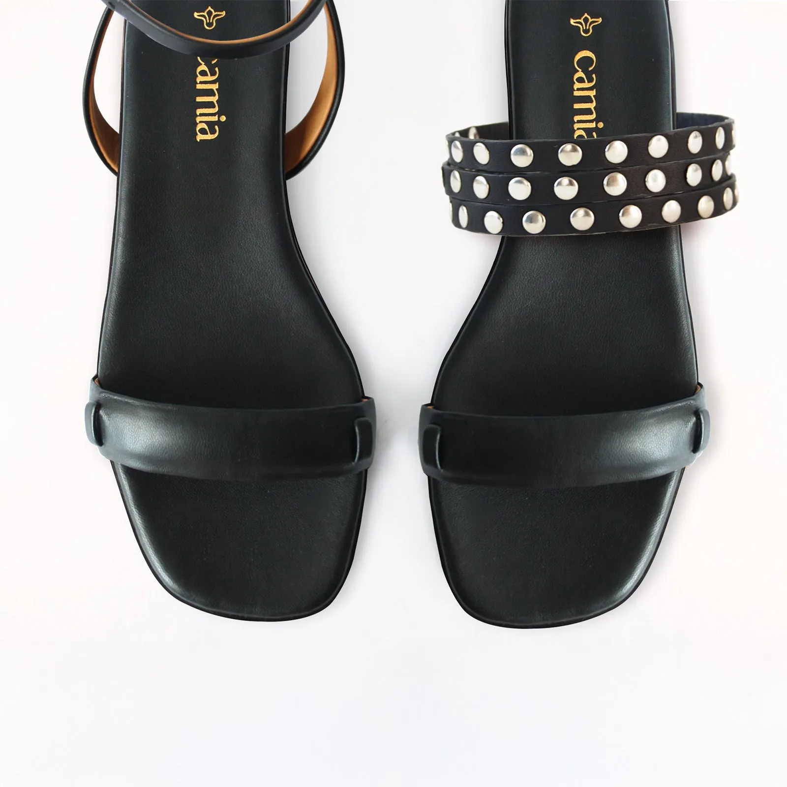 Black Flat Swap Sandal Black Studs Union Boa Flat Shoes