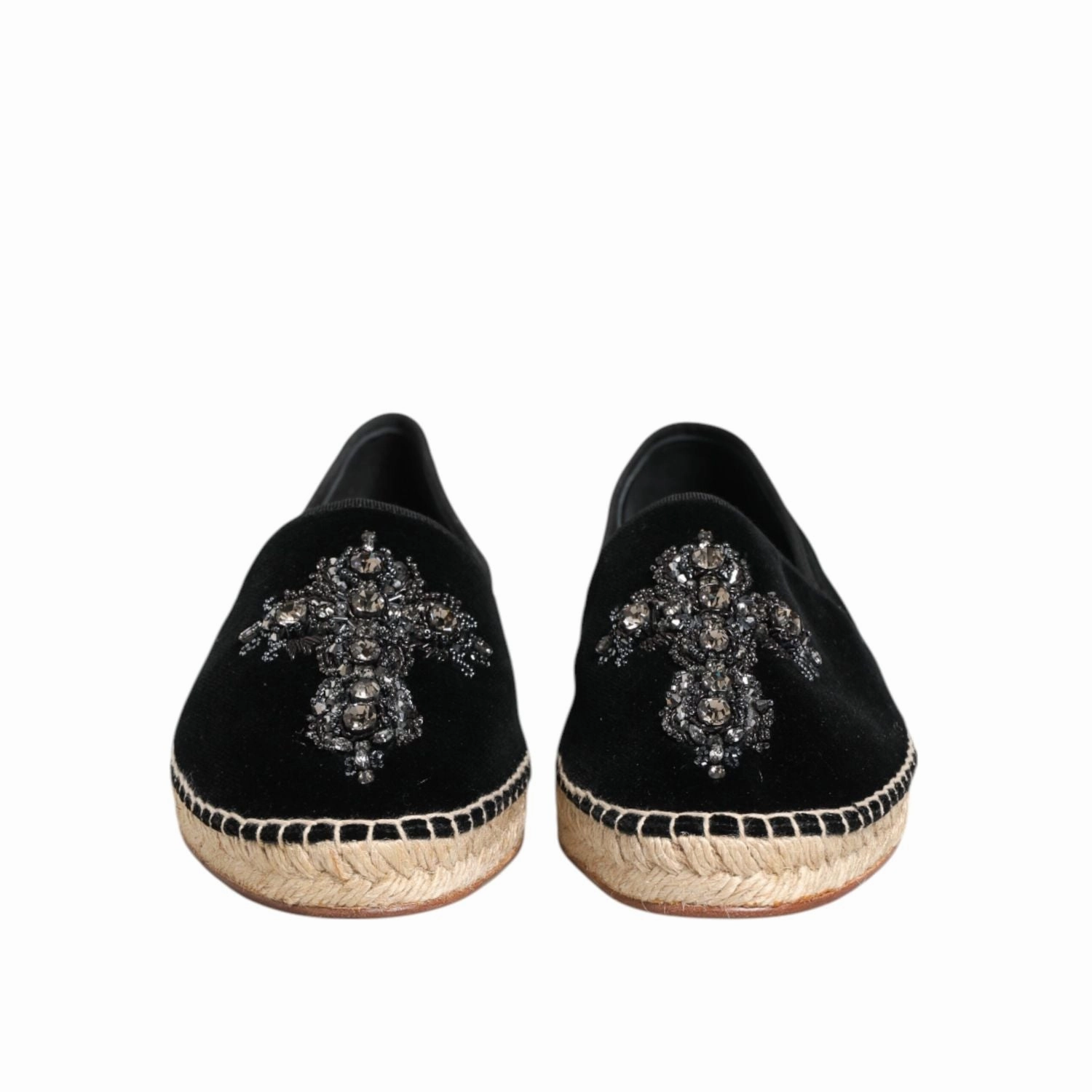 Espadrilles. Dolce & Gabbana Black Cross Crystal Slip On Espadrille Shoes