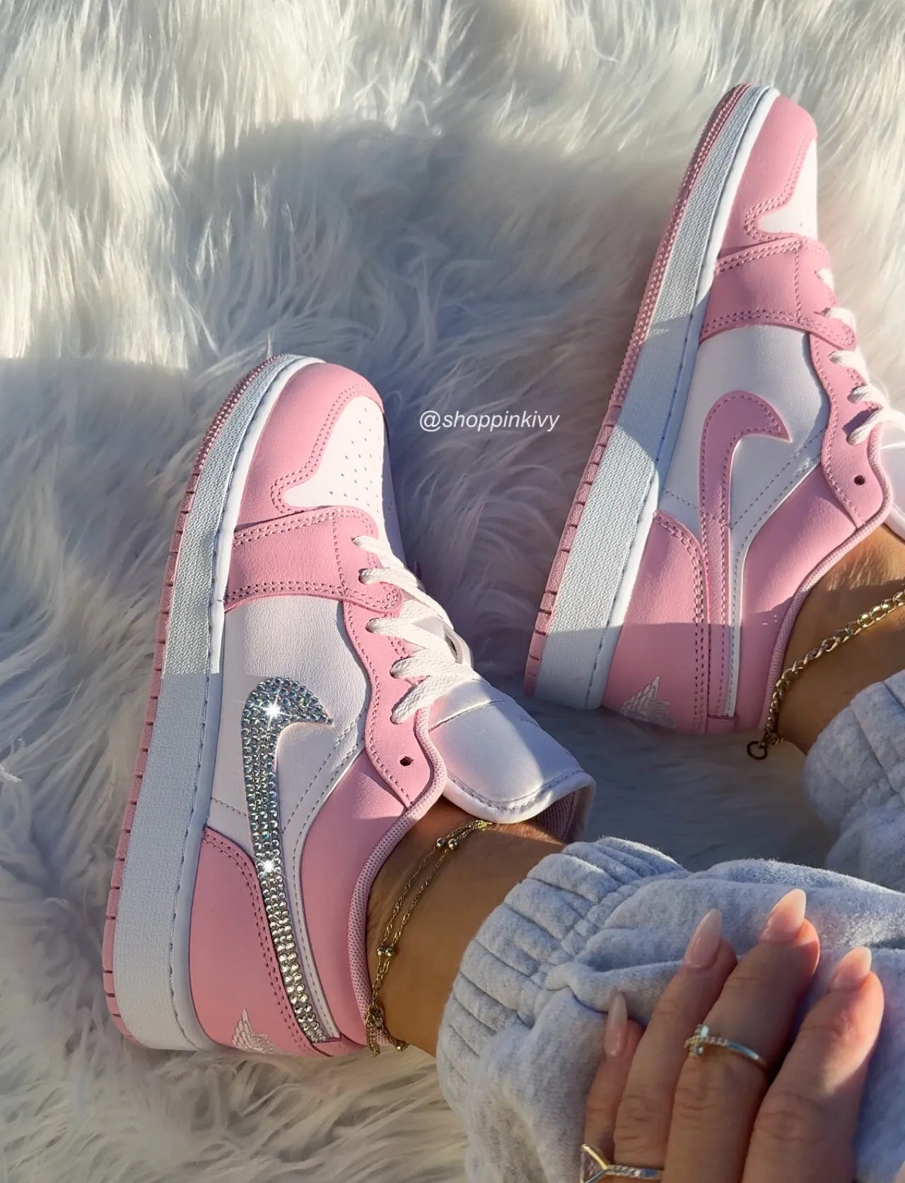 NEW Pink and White Swarovski Womens Air Jordan 1 Low Shoes Adidas Own The Game Basketball Shoes