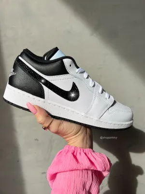 White and Black Swarovski Womens Air Jordan 1 Low Shoes Run Shoes Adidas