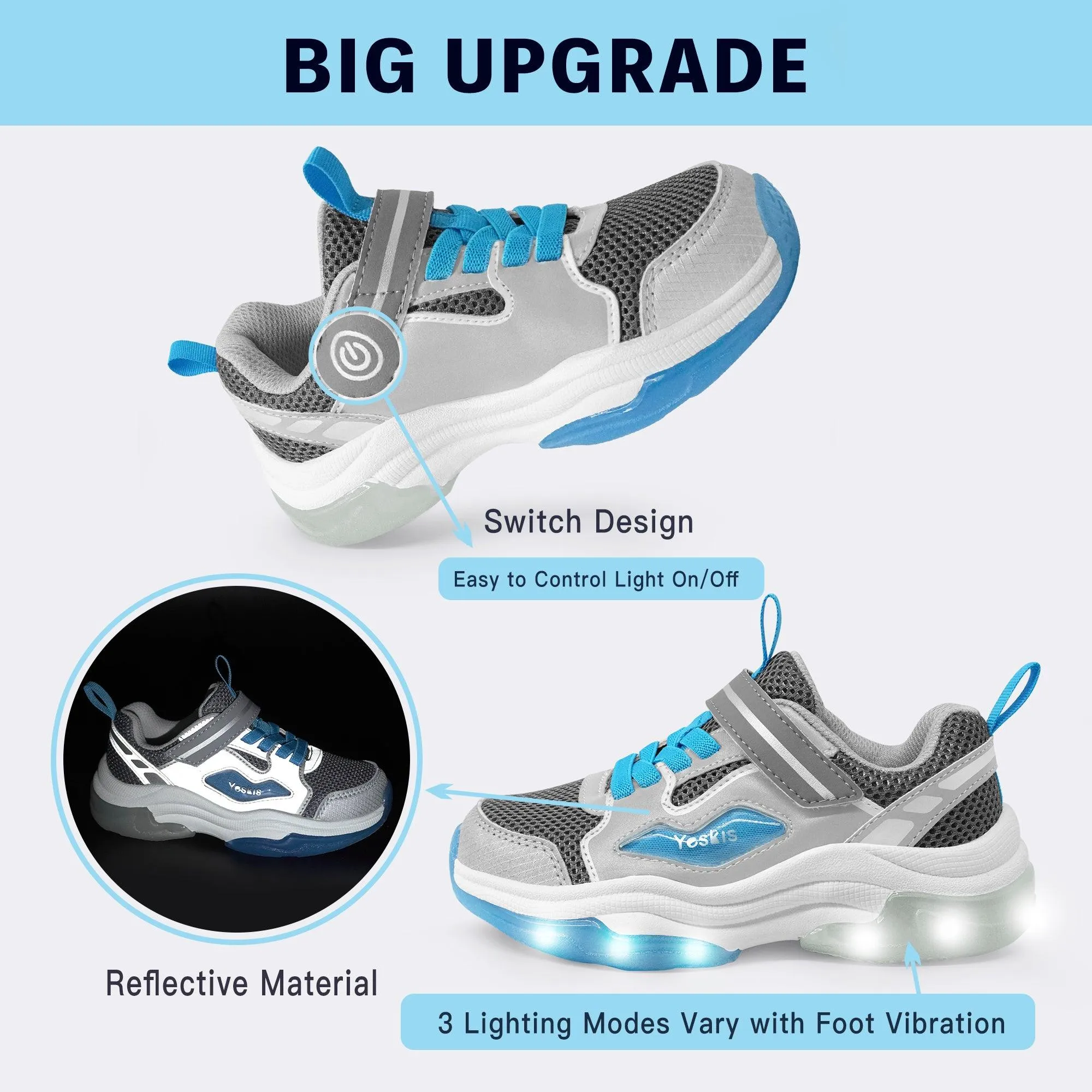 YESKIS FutuVibe Light Up Boys Sneakers for Kids Grey/Blue Rebok Sneakers